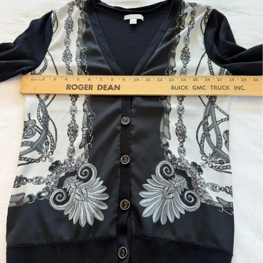 New York & Company Chain Print Cardigan Medium Black & Cream Career Chic Sweater